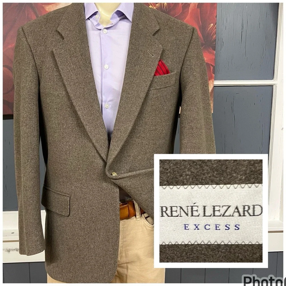 Vintage‎ Rene Lezard Ventless Blazer Sport Coat Mens 40R Wool Tan Jersey Flannel